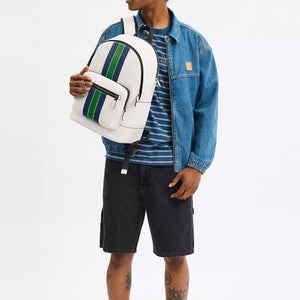 COACH West 32 striped design leather backpack, large size men's chalk white mixed colors