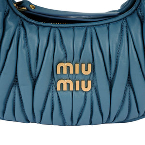 MIU Miu Wander Matelassé Hobo Bag Shoulder Crossbody Mini Blue.