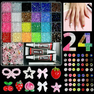 24 grid nail art kit with rhinestones and charms - أحجار الراين 24 خانة مع فصوص كريستالية وأشكال