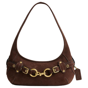 COACH 34 Belted Ergo Smooth Design Pull Buckle Hardware Cow Split Cowhide Leather Single Shoulder Bag Large Unisex Couple Style Dark Chocolate Color