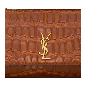 SAINT LAURENT KATE gold-toned logo Chain shoulder strap Bronze hardware Crocodile embossed leather Shoulder bag Small Women's Dark beige