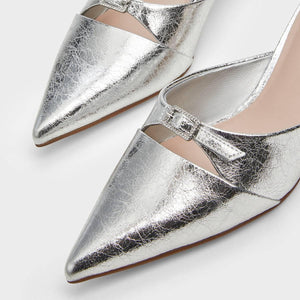 حذاء Mules نسائي فضي لامع بكعب صغير CHARLES & KEITH.