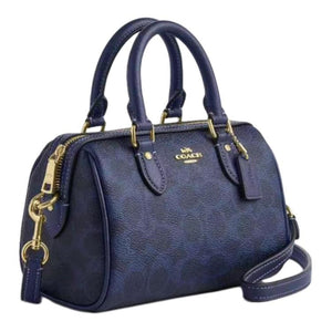 COACH Rowan 18 Detachable Shoulder Strap Top Zipper Closure Artificial Leather Boston Handbag Small Women's Navy Blue