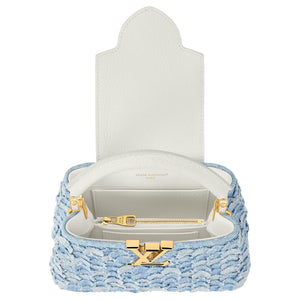 LOUIS VUITTON Capucines Denim gold floral pattern charm two-tone chain design, denim with Taurillon leather trim, single shoulder crossbody handbag, mini, women's, blue