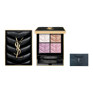 باليت ظلال عيون بشعار YSL مغلقة ومفتوحة بدرجات وردية بجانب حقيبة صغيرة