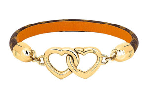 LOUIS VUITTON SAY YES Double Heart Embellished Canvas Cowhide Bracelet Women's Gold.