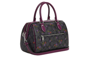 COACH Rowan 25 Signature Floral Print Coated Canvas Leather Single Shoulder Crossbody Handbag Medium Women's Silver Graphite Deep Berry Color