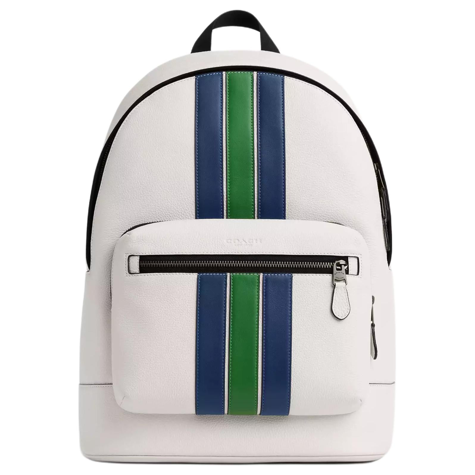 Coach white leather backpack with colorful straps—backpacks