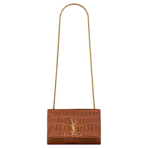 SAINT LAURENT KATE gold-toned logo Chain shoulder strap Bronze hardware Crocodile embossed leather Shoulder bag Small Women's Dark beige