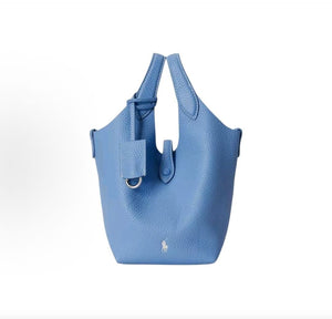 Ralph Lauren Polo Play Iconic Brand Carved Hardware Detachable Crossbody Strap Leather Basket Handbag Small Size Women's Baby Blue