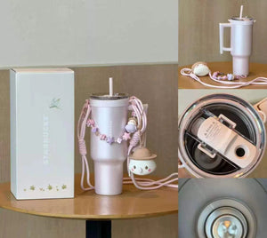 كوب Starbucks Tumbler وردي بمقبض وحزام للكتف.