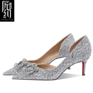 Christiana حذاء كعب عالي Glitter مزين بـ Crystal Buckle أنيق.