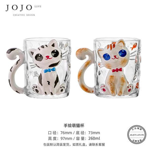 JOJO hand-painted cute cat glass coffee cup.