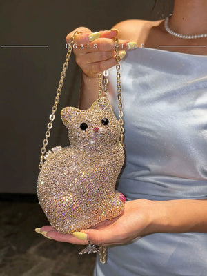UGALS Heavy Industry Retro Celebrity Full Water Diamond Glass Cute Cartoon Kitten Banquet Hand Handle Crossbody Bag