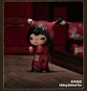POP MART Hirono Echo Series figurine "Hiding Behind You" in a red costume.