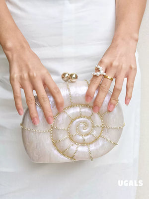 UGALS French acrylic marble conch shell banquet water diamond high-end sense hand clutch crossbody small bag woman