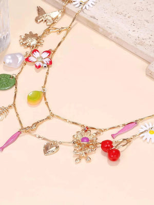 عقد ذهبي طبقتين بدلايات ملونة متنوعة Charm Necklace.
