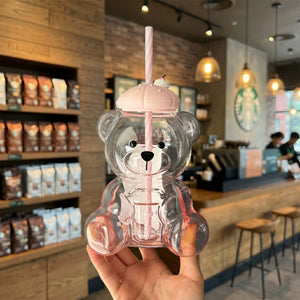 Starbucks cups, new North American bear glass straw cups, large capacity straw hat cartoon coffee cups, perfect as gifts