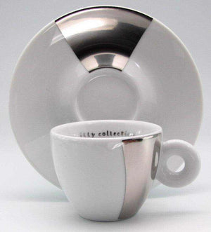طقم كوب Espresso مع صحن من illy collection أبيض بلمسة فضية.