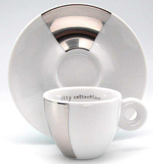 طقم كوب Espresso مع صحن من illy collection أبيض بلمسة فضية.