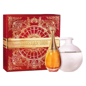 علبة هدايا حمراء وذهبية تحتوي على عطر ولوشن بشعار ديور