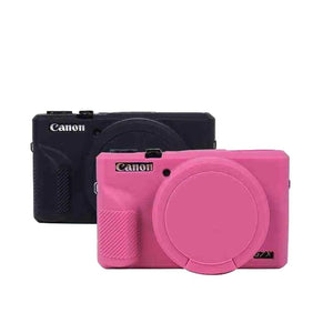 منظر أمامي لغطاء وردي فاتح جيلي على كاميرا Canon G7X Mark II يوضح دقة فتحات الأزرار