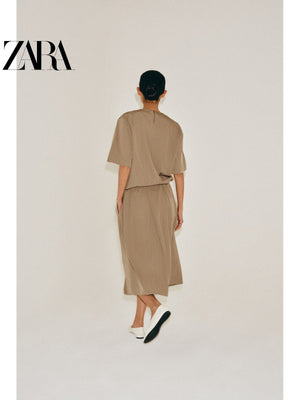 أصلي 100% تنورة نسائية ميدي ZARA بلون بيج - رفعة