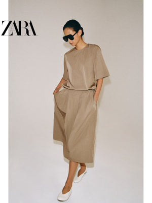 أصلي 100% تنورة نسائية ميدي ZARA بلون بيج - رفعة