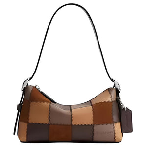 COACH 24 Brand Logo Checkerboard Color Block Design Leather Single Shoulder Bag Medium Women's Tea Color
