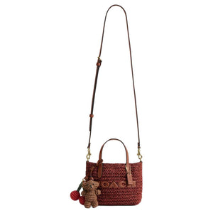 COACH City 15 Brand Logo Detachable Shoulder Strap Straw Textured Calfskin Tote Tote Mini Women's Straw Color Combination Reddish