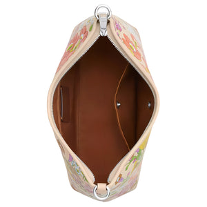 COACH Laurel 31 floral print smooth leather hand-carry shoulder bag, large size for women, silver patch ivory color multi-color