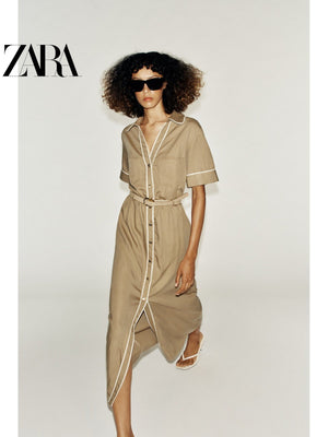 فستان نسائي ZARA بحزام وأزرار لون بني - رفعة