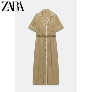 فستان نسائي ZARA بحزام وأزرار لون بني - رفعة