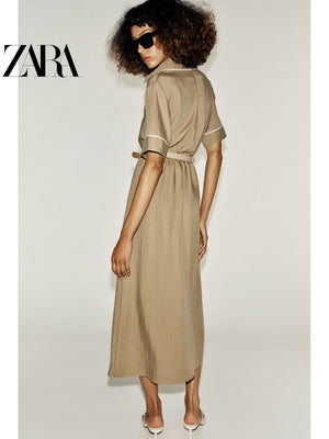 فستان نسائي ZARA بحزام وأزرار لون بني - رفعة