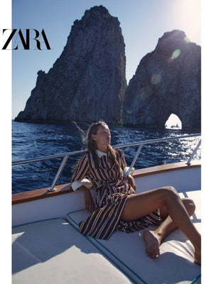 فستان نسائي ZARA مقلم بني أنيق بحزام - رفعة