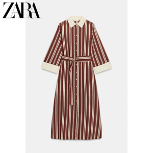 فستان نسائي ZARA مقلم بني أنيق بحزام - رفعة