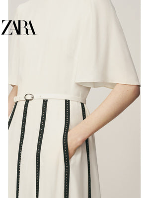 فستان ZARA نسائي أنيق أوف وايت بتفاصيل سوداء - رفعة