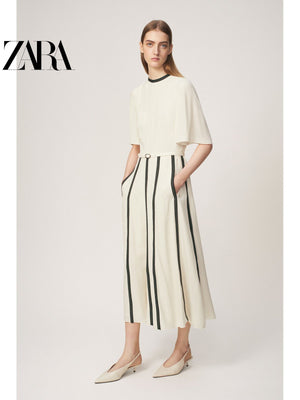 فستان ZARA نسائي أنيق أوف وايت بتفاصيل سوداء - رفعة