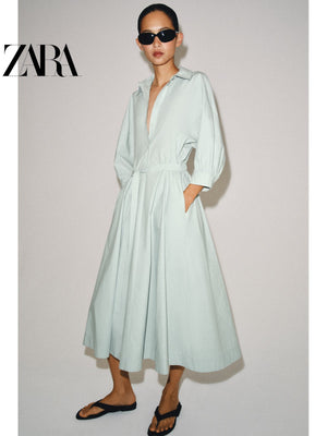 فستان ZARA نسائي أنيق بحزام أخضر نعناعي - رفعة
