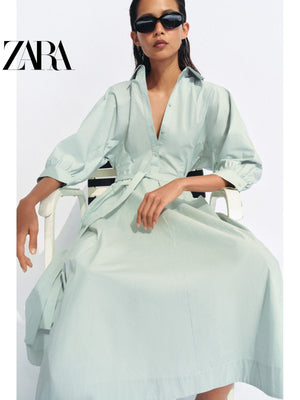 فستان ZARA نسائي أنيق بحزام أخضر نعناعي - رفعة