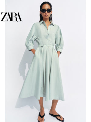 فستان ZARA نسائي أنيق بحزام أخضر نعناعي - رفعة