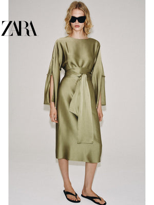 فستان ZARA نسائي ساتان أنيق باللون الزيتي - رفعة