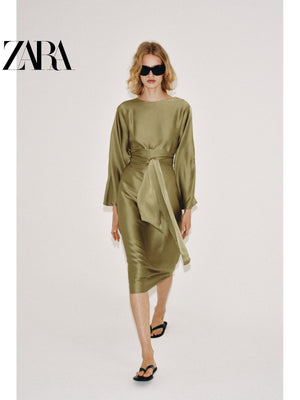 فستان ZARA نسائي ساتان أنيق باللون الزيتي - رفعة