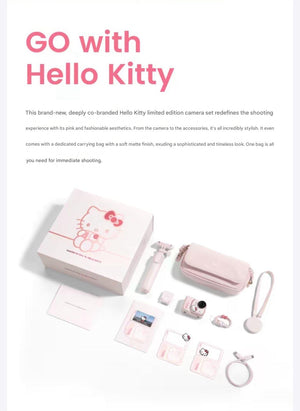 A marketing poster titled GO with Hello Kitty displaying the full Hello Kitty Insta360 GO Ultra action camera kit and matching pink accessories.