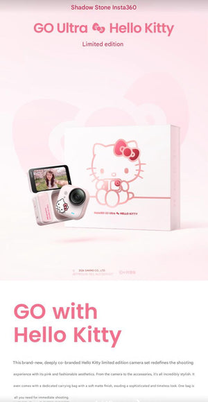 A vertical product showcase banner for the Hello Kitty Insta360 GO Ultra limited edition camera with a clean pastel pink background.
