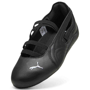Puma Speedcat Ballet triple black shoe front angle view showing white Puma cat toe logo.