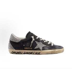 حذاء رياضي Golden Goose Super-Star أسود بجليتر فضي - رفعة