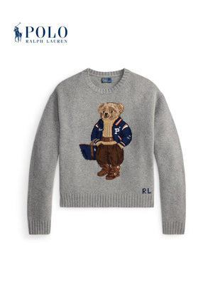 كنزة رالف لورين نسائية رمادية محبوكة بتصميم دب Polo Bear على الصدر
