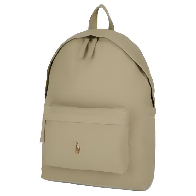 Side angle view of an original Ralph Lauren beige backpack showcasing durable fabric and spacious design for school essentials.
عرض من الزاوية الجانبية لحقيبة ظهر رالف لورين أصلية باللون البيج يوضح القماش المتين والتصميم الواسع لمستلزمات المدرسة.
