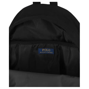 Open interior view of an authentic black Ralph Lauren backpack displaying the interior storage space and brand label.
عرض داخلي مفتوح لحقيبة ظهر رالف لورين أصلية باللون الأسود يوضح مساحة التخزين الداخلية وعلامة الماركة.